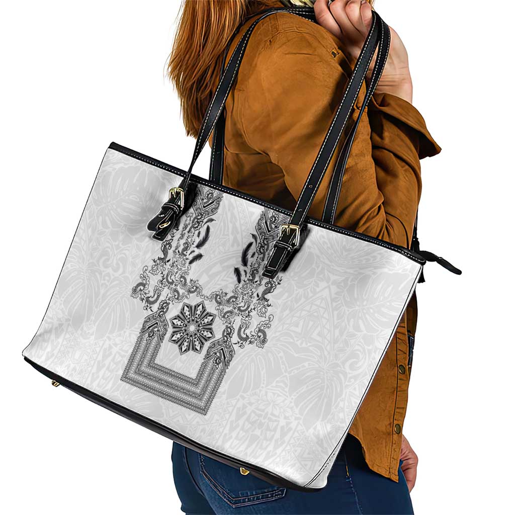 Philippines Barong Style Leather Tote Bag with Polynesian Art and Leaf Motif Black-White Color LT03 - Polynesian Pride