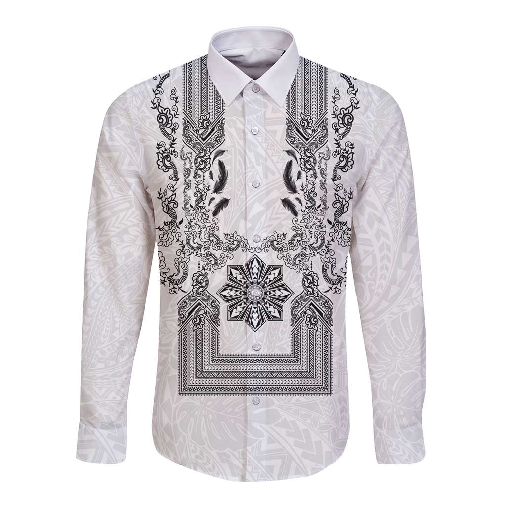 Philippines Barong Style Long Sleeve Button Shirt with Polynesian Art and Leaf Motif Black-White Color