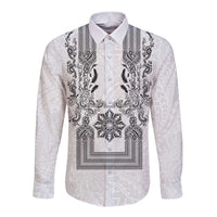 Philippines Barong Style Long Sleeve Button Shirt with Polynesian Art and Leaf Motif Black-White Color LT03 Unisex White - Polynesian Pride