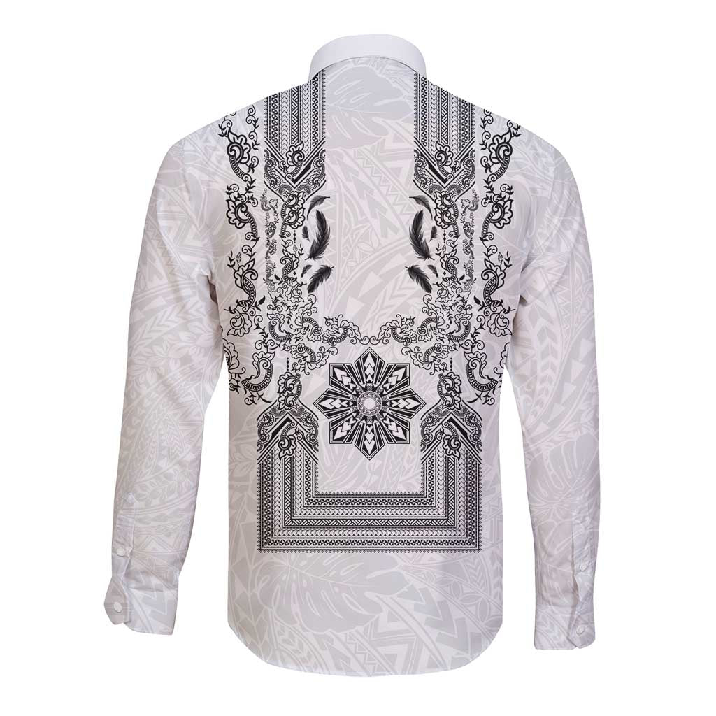 Philippines Barong Style Long Sleeve Button Shirt with Polynesian Art and Leaf Motif Black-White Color LT03 - Polynesian Pride