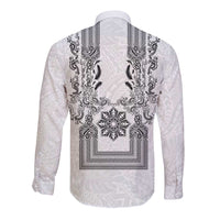 Philippines Barong Style Long Sleeve Button Shirt with Polynesian Art and Leaf Motif Black-White Color LT03 - Polynesian Pride