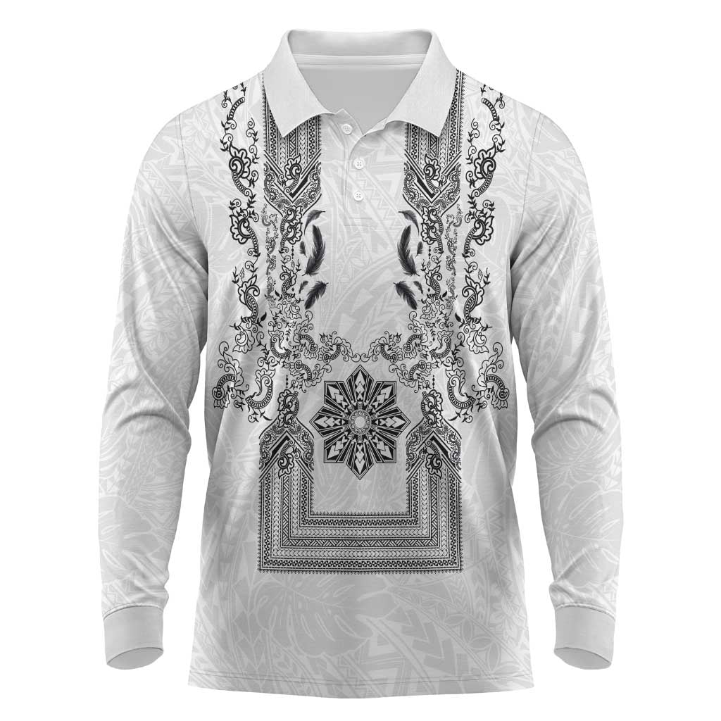 Philippines Barong Style Long Sleeve Polo Shirt with Polynesian Art and Leaf Motif Black-White Color LT03 White - Polynesian Pride