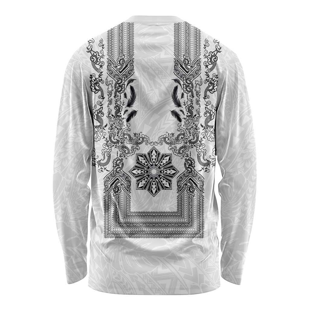 Philippines Barong Style Long Sleeve Shirt with Polynesian Art and Leaf Motif Black-White Color LT03 - Polynesian Pride