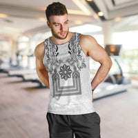 Philippines Barong Style Men Tank Top with Polynesian Art and Leaf Motif Black-White Color LT03 White - Polynesian Pride