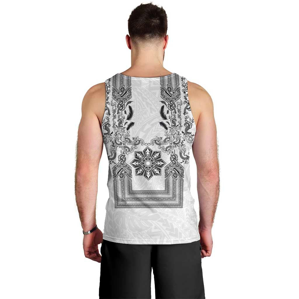 Philippines Barong Style Men Tank Top with Polynesian Art and Leaf Motif Black-White Color LT03 - Polynesian Pride