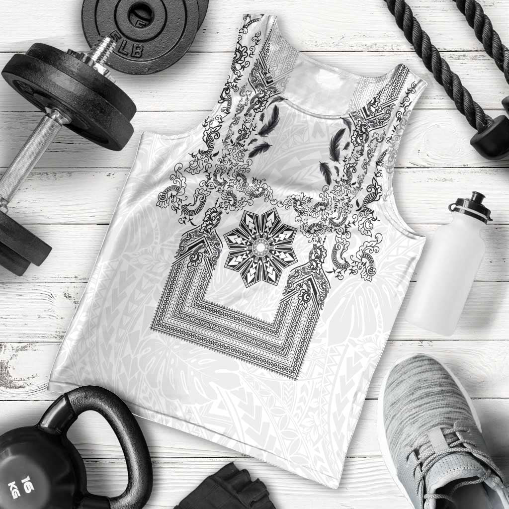 Philippines Barong Style Men Tank Top with Polynesian Art and Leaf Motif Black-White Color LT03 - Polynesian Pride