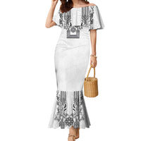 Philippines Barong Style Mermaid Dress with Polynesian Art and Leaf Motif Black-White Color LT03 Women White - Polynesian Pride
