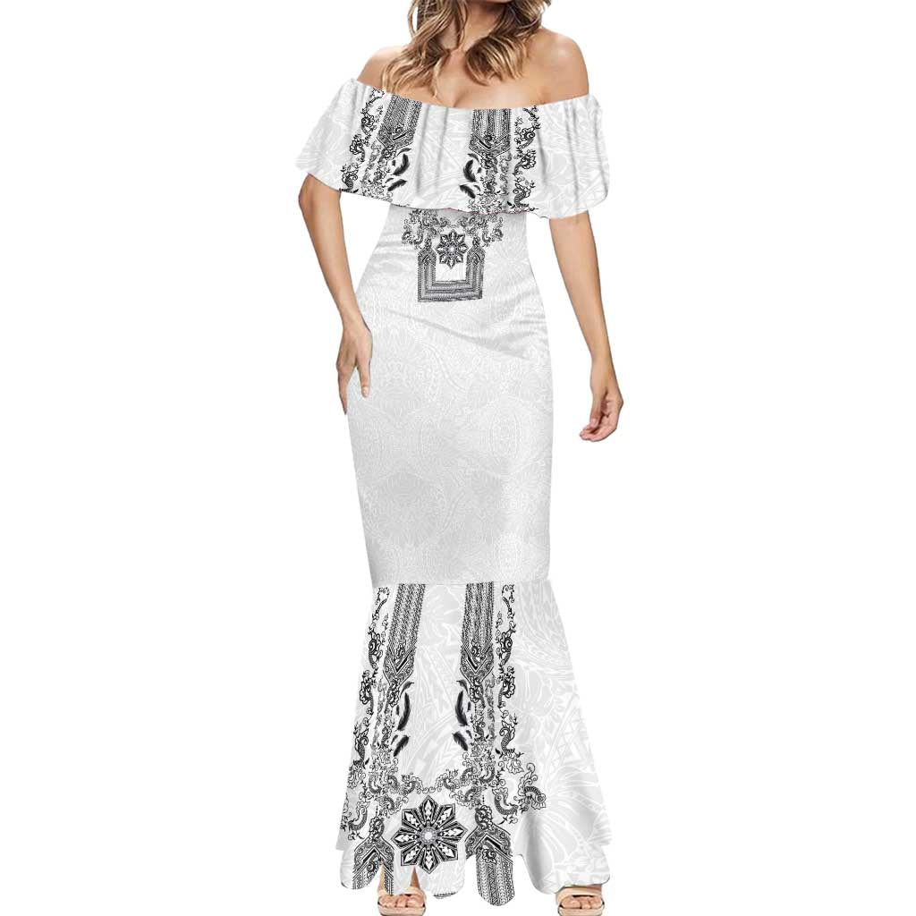 Philippines Barong Style Mermaid Dress with Polynesian Art and Leaf Motif Black-White Color LT03 - Polynesian Pride