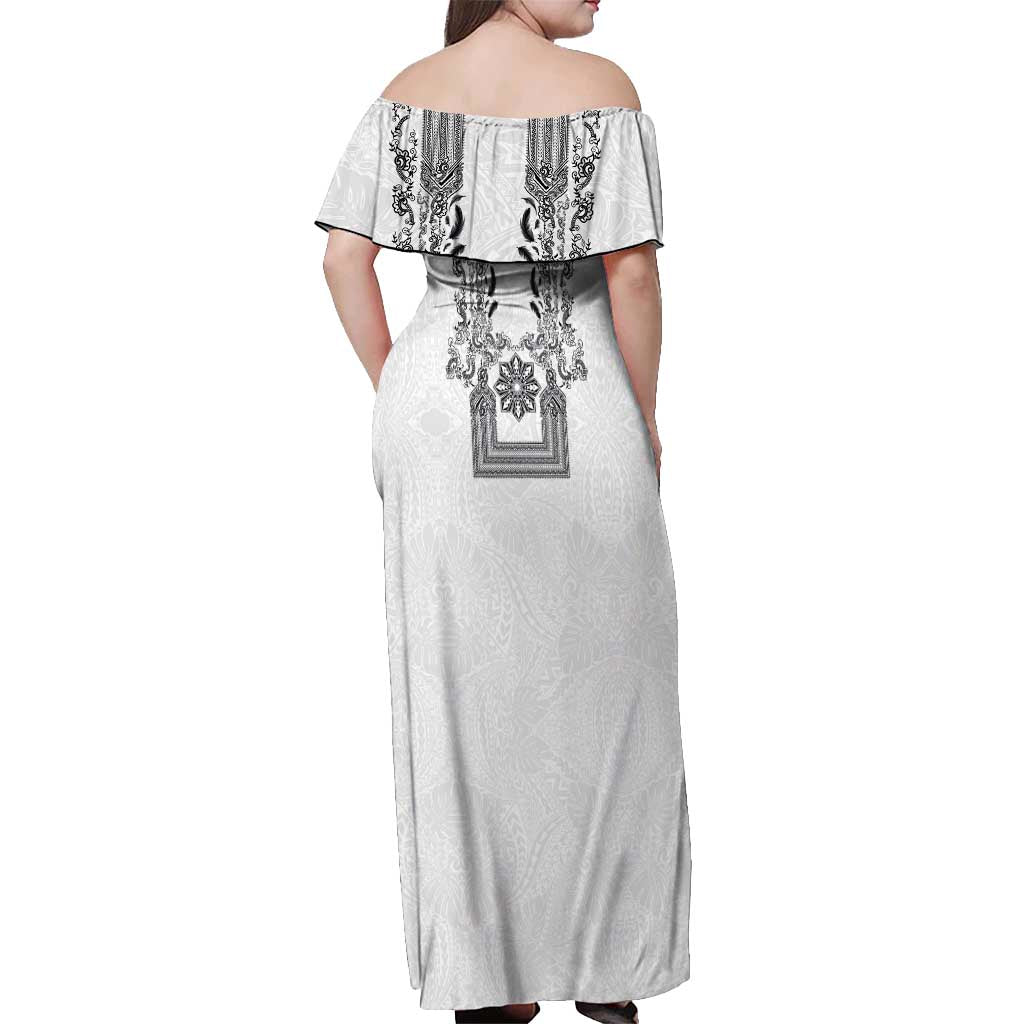 Philippines Barong Style Off Shoulder Maxi Dress with Polynesian Art and Leaf Motif Black-White Color LT03 - Polynesian Pride