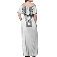 Philippines Barong Style Off Shoulder Maxi Dress with Polynesian Art and Leaf Motif Black-White Color LT03 - Polynesian Pride