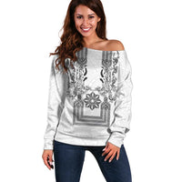 Philippines Barong Style Off Shoulder Sweater with Polynesian Art and Leaf Motif Black-White Color LT03 Women White - Polynesian Pride