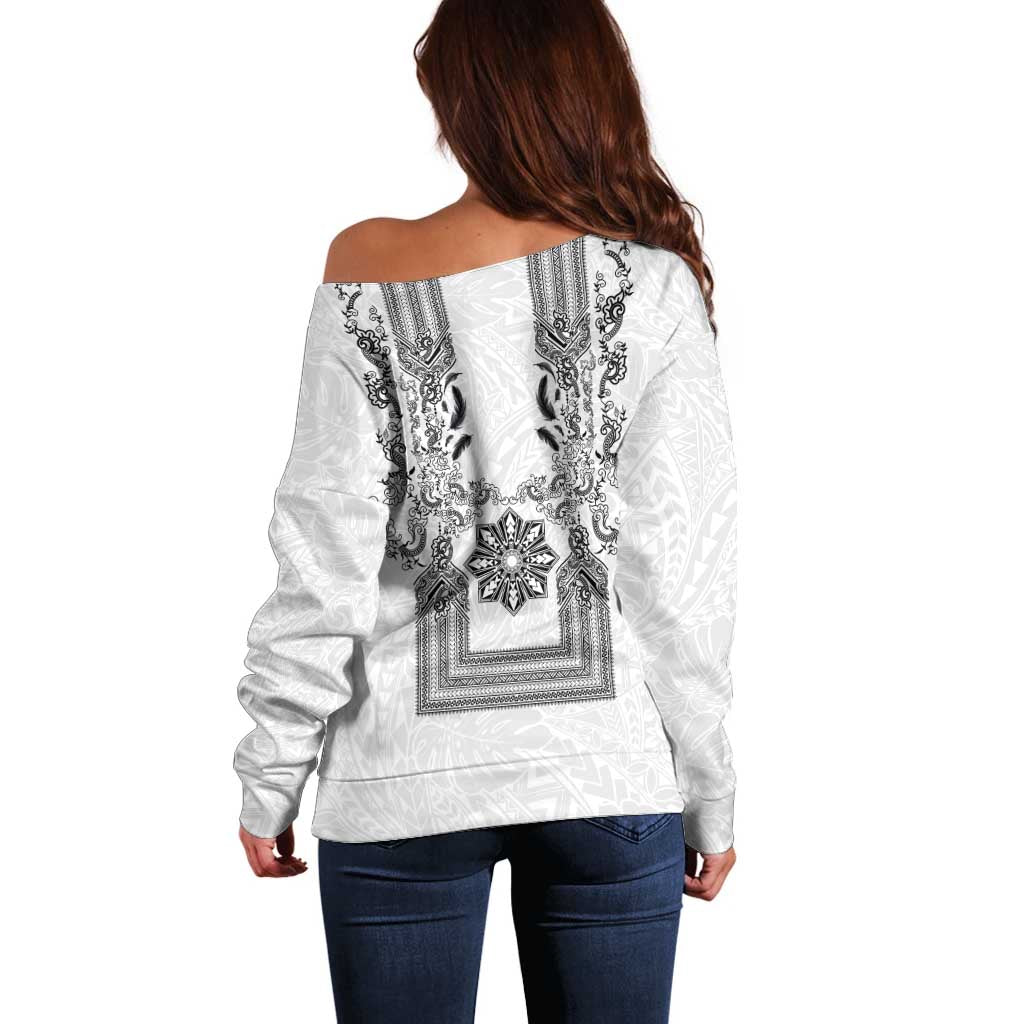 Philippines Barong Style Off Shoulder Sweater with Polynesian Art and Leaf Motif Black-White Color LT03 - Polynesian Pride