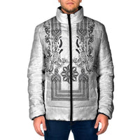 Philippines Barong Style Padded Jacket with Polynesian Art and Leaf Motif Black-White Color LT03 Men White - Polynesian Pride