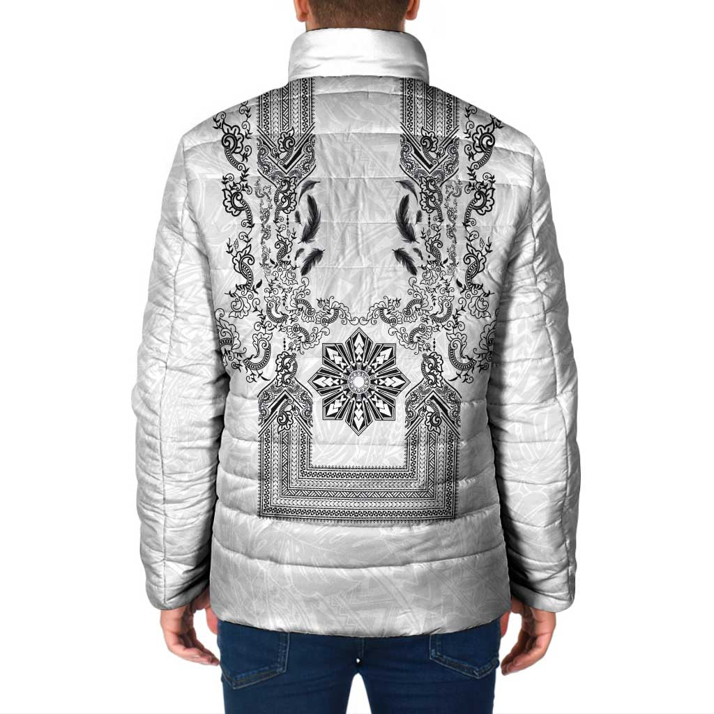 Philippines Barong Style Padded Jacket with Polynesian Art and Leaf Motif Black-White Color LT03 - Polynesian Pride