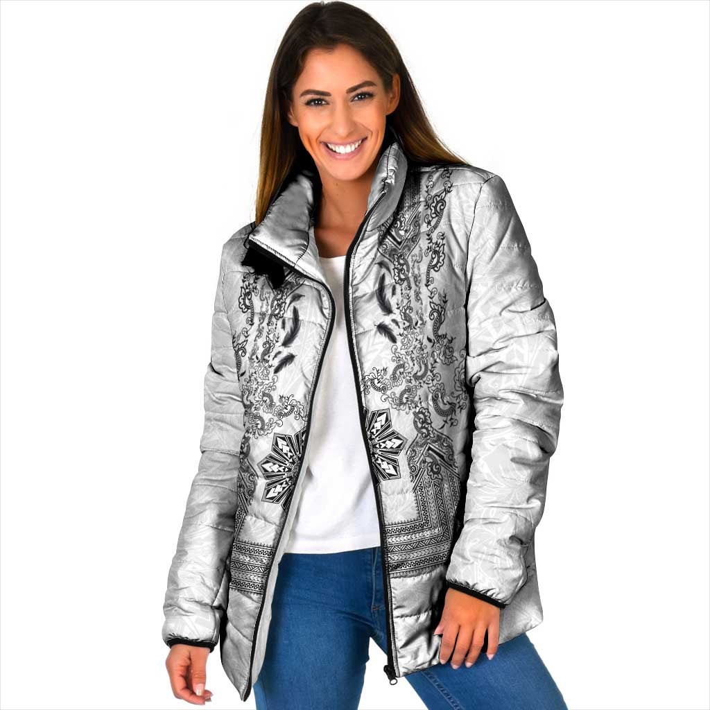Philippines Barong Style Padded Jacket with Polynesian Art and Leaf Motif Black-White Color LT03 Women White - Polynesian Pride