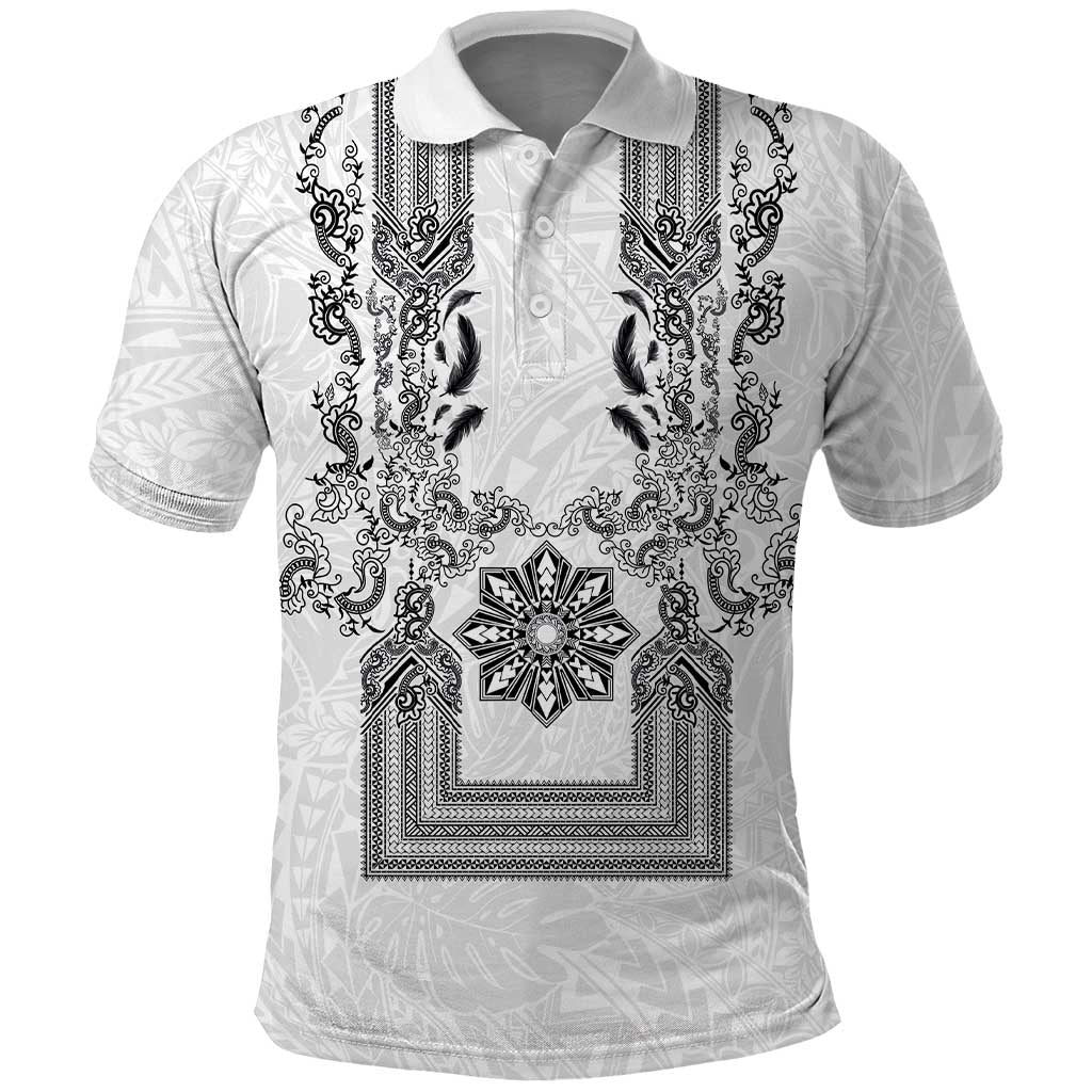 Philippines Barong Style Polo Shirt with Polynesian Art and Leaf Motif Black-White Color LT03 White - Polynesian Pride