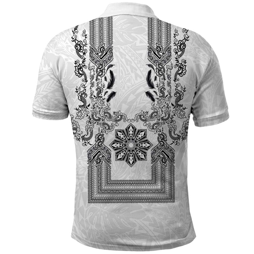 Philippines Barong Style Polo Shirt with Polynesian Art and Leaf Motif Black-White Color LT03 - Polynesian Pride