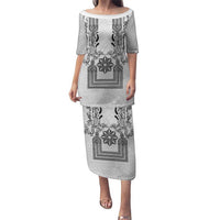 Philippines Barong Style Puletasi with Polynesian Art and Leaf Motif Black-White Color LT03 Long Dress White - Polynesian Pride