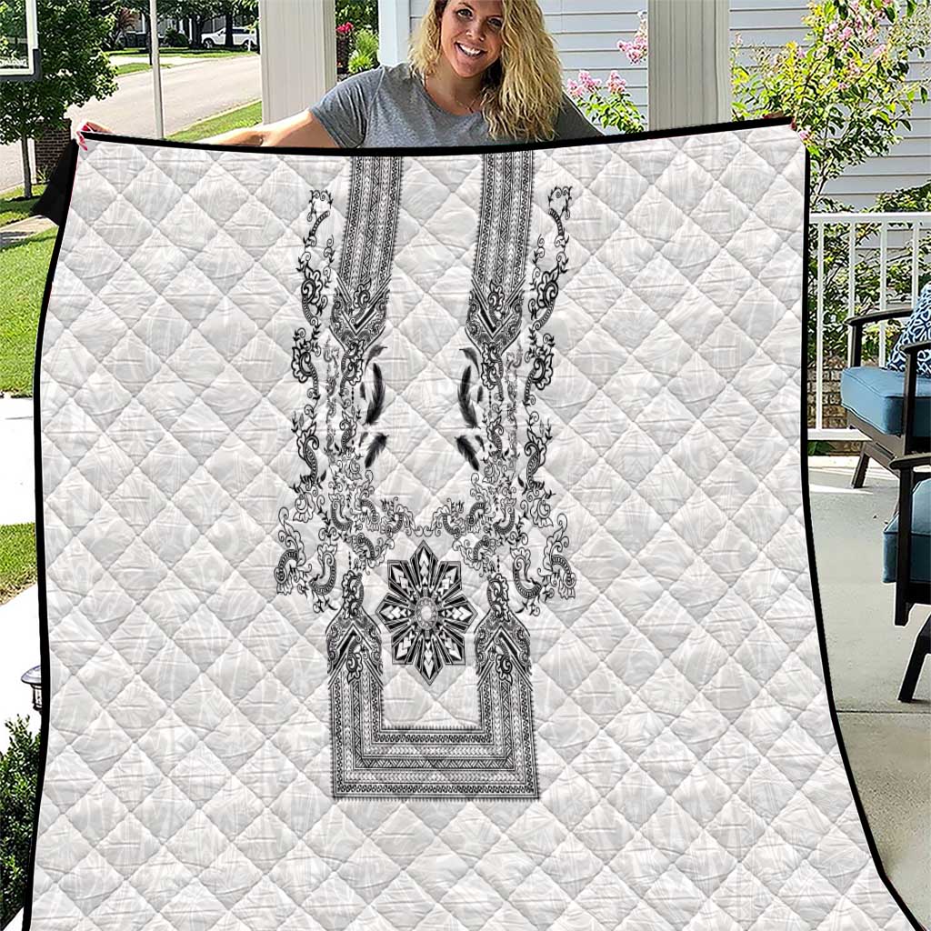 Philippines Barong Style Quilt with Polynesian Art and Leaf Motif Black-White Color