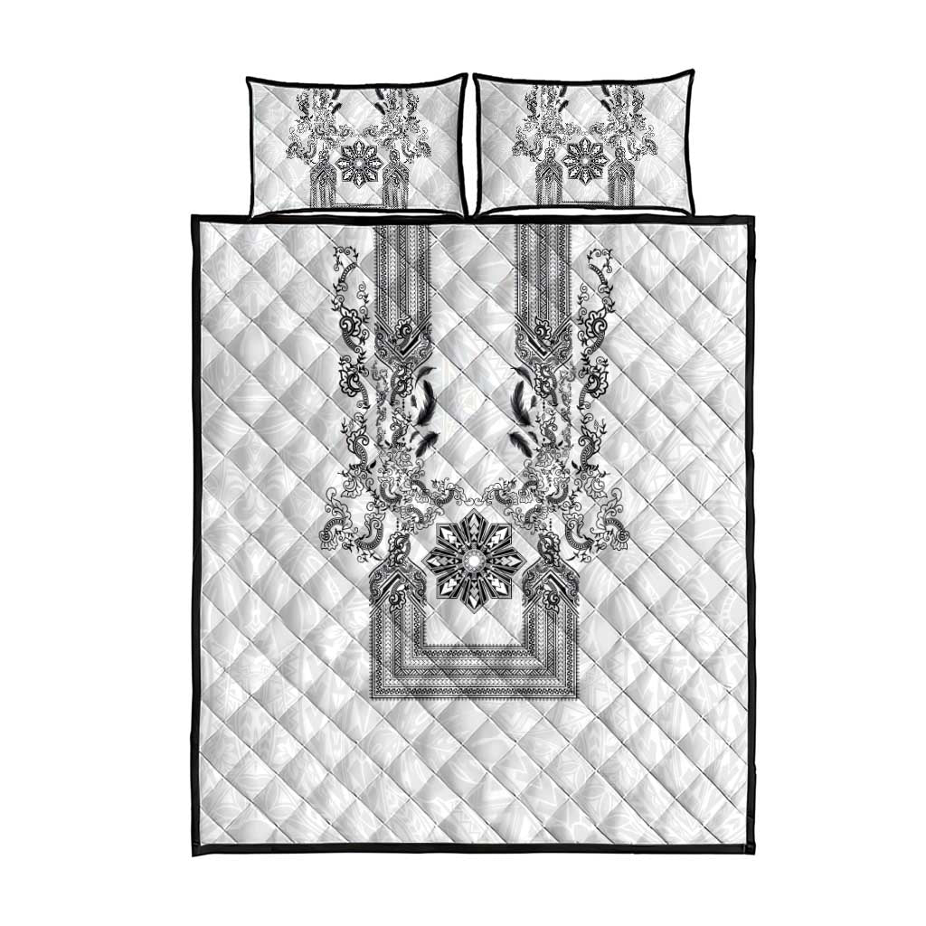 Philippines Barong Style Quilt Bed Set with Polynesian Art and Leaf Motif Black-White Color