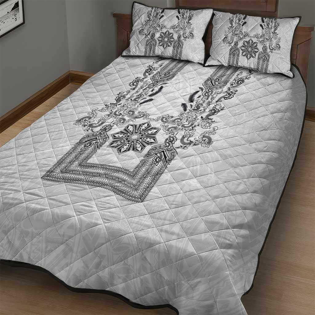 Philippines Barong Style Quilt Bed Set with Polynesian Art and Leaf Motif Black-White Color