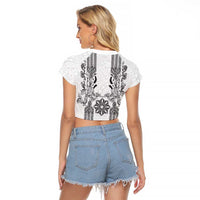 Philippines Barong Style Raglan Cropped T Shirt with Polynesian Art and Leaf Motif Black-White Color LT03 - Polynesian Pride