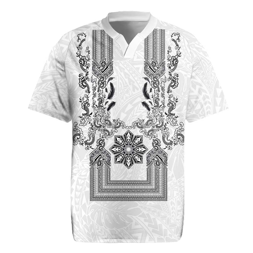 Philippines Barong Style Rugby Jersey with Polynesian Art and Leaf Motif Black-White Color LT03 White - Polynesian Pride