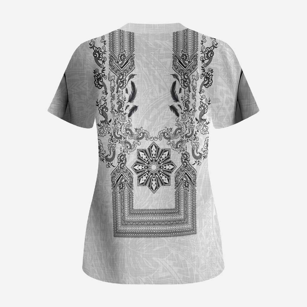 Philippines Barong Style Scrub Top with Polynesian Art and Leaf Motif Black-White Color LT03 - Polynesian Pride