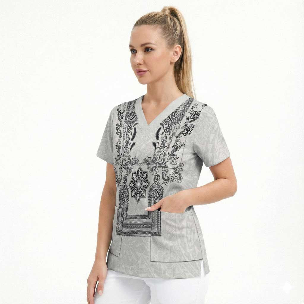 Philippines Barong Style Scrub Top with Polynesian Art and Leaf Motif Black-White Color LT03 - Polynesian Pride