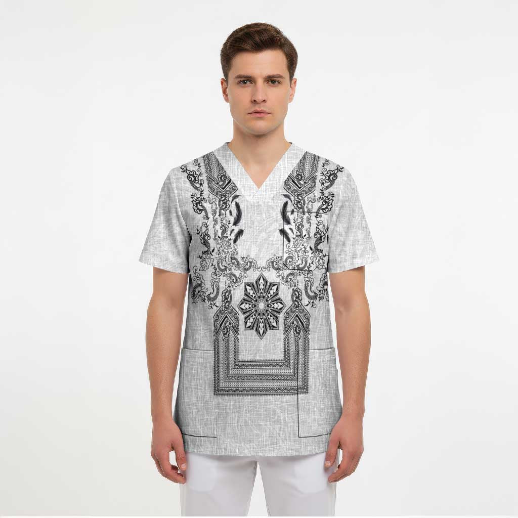Philippines Barong Style Scrub Top with Polynesian Art and Leaf Motif Black-White Color LT03 - Polynesian Pride