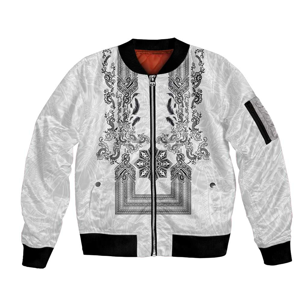 Philippines Barong Style Sleeve Zip Bomber Jacket with Polynesian Art and Leaf Motif Black-White Color LT03 Unisex White - Polynesian Pride