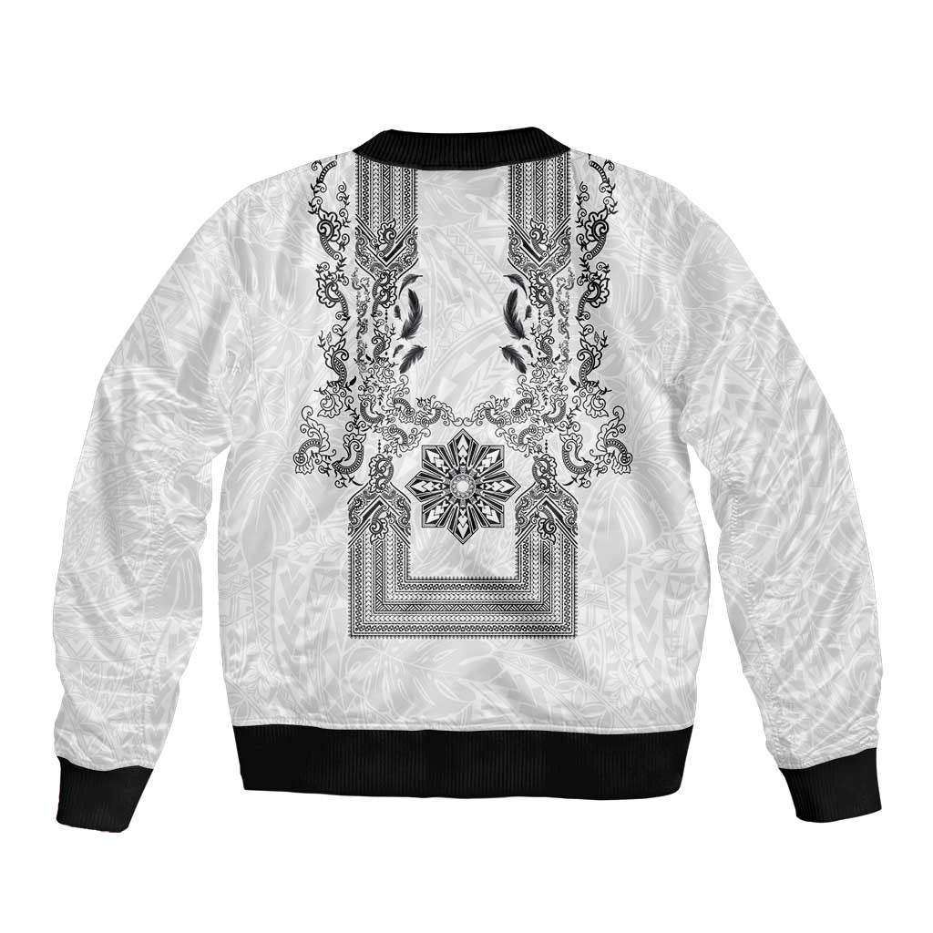 Philippines Barong Style Sleeve Zip Bomber Jacket with Polynesian Art and Leaf Motif Black-White Color LT03 - Polynesian Pride
