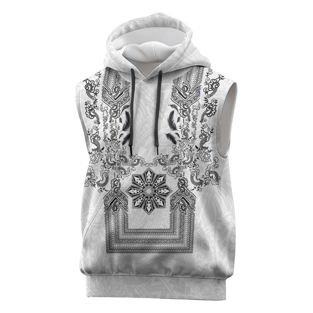 Philippines Barong Style Sleeveless Hoodie with Polynesian Art and Leaf Motif Black-White Color LT03 White - Polynesian Pride