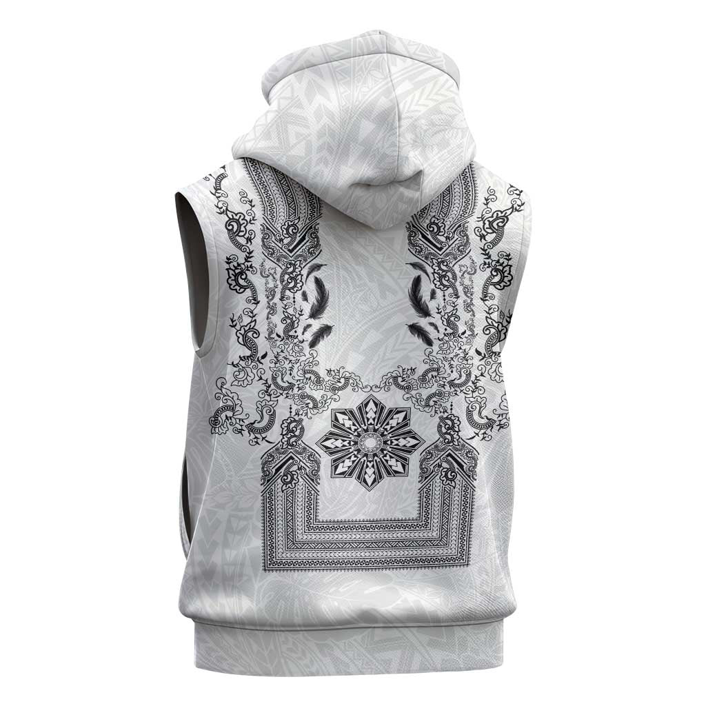 Philippines Barong Style Sleeveless Hoodie with Polynesian Art and Leaf Motif Black-White Color LT03 - Polynesian Pride