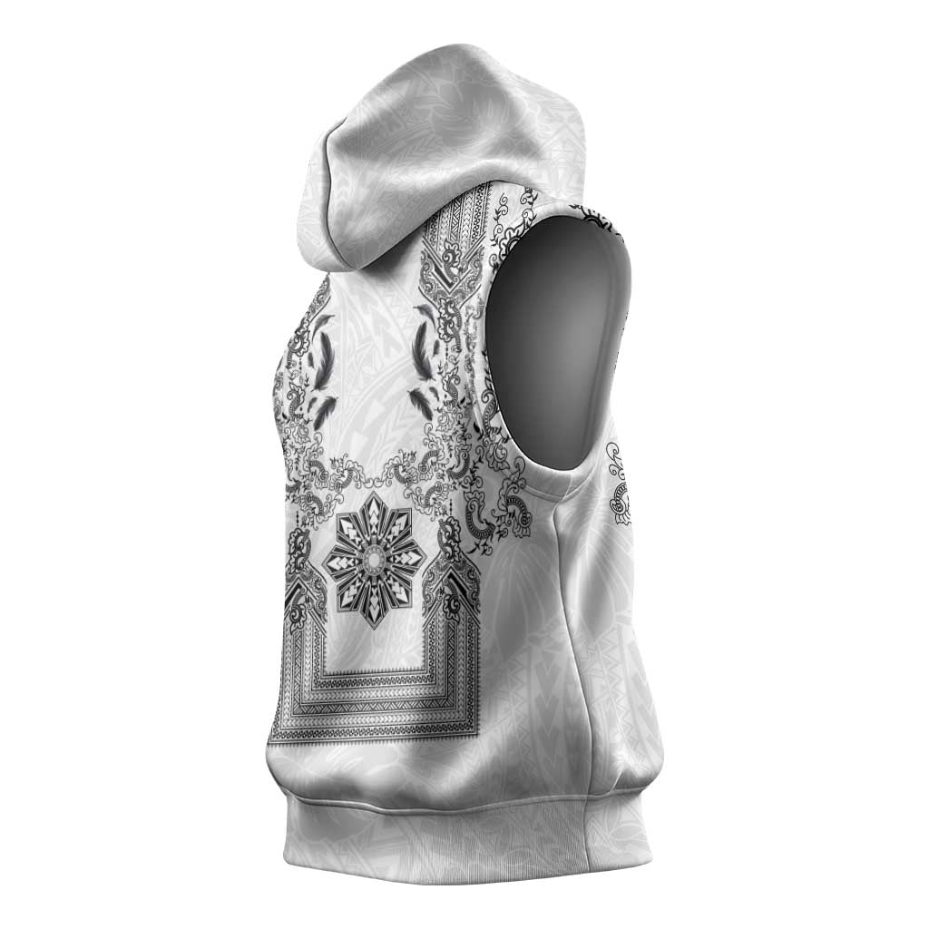Philippines Barong Style Sleeveless Hoodie with Polynesian Art and Leaf Motif Black-White Color LT03 - Polynesian Pride