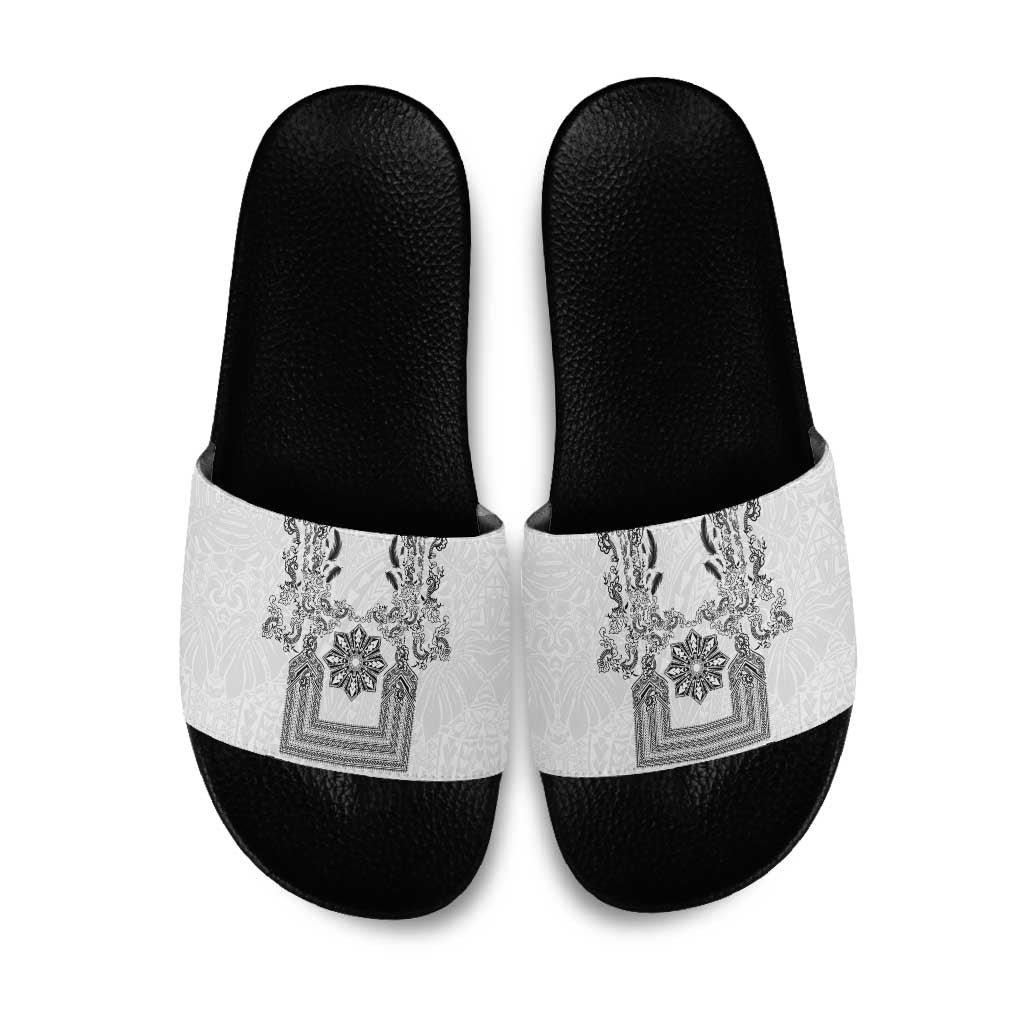 Philippines Barong Style Slide Sandals with Polynesian Art and Leaf Motif Black-White Color LT03 White - Polynesian Pride