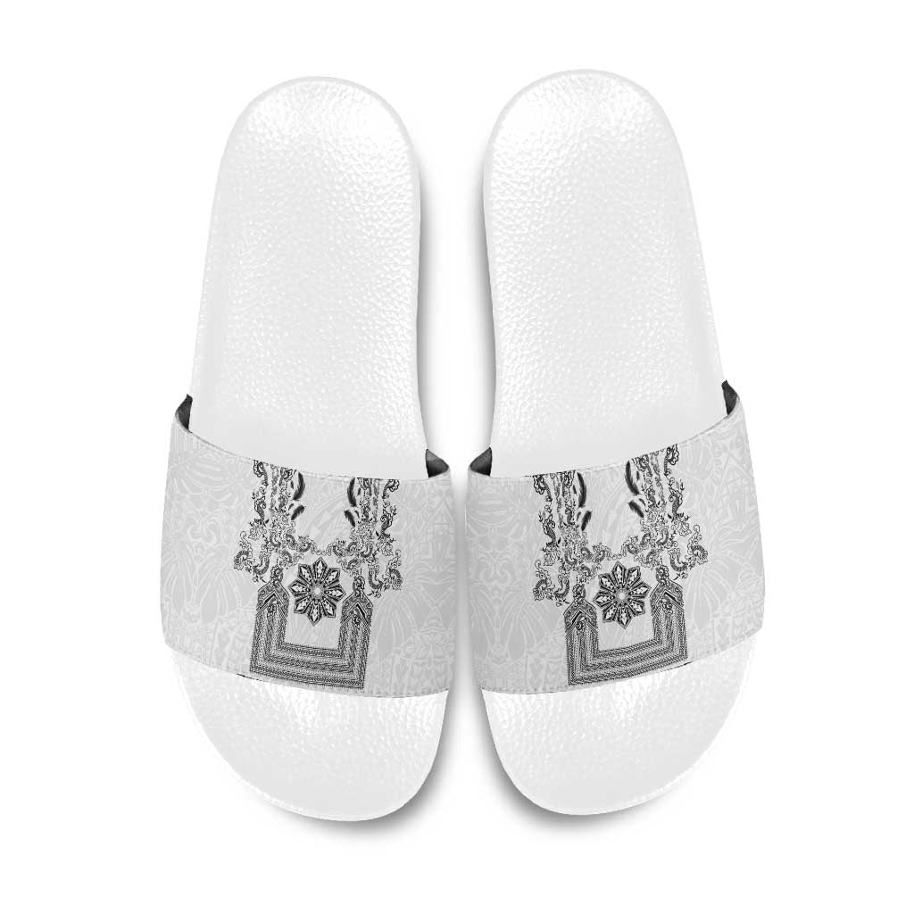 Philippines Barong Style Slide Sandals with Polynesian Art and Leaf Motif Black-White Color LT03 White - Polynesian Pride