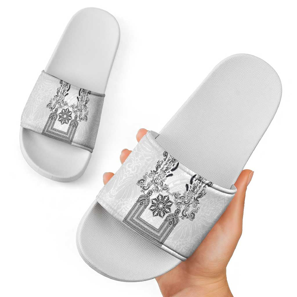 Philippines Barong Style Slide Sandals with Polynesian Art and Leaf Motif Black-White Color LT03 - Polynesian Pride
