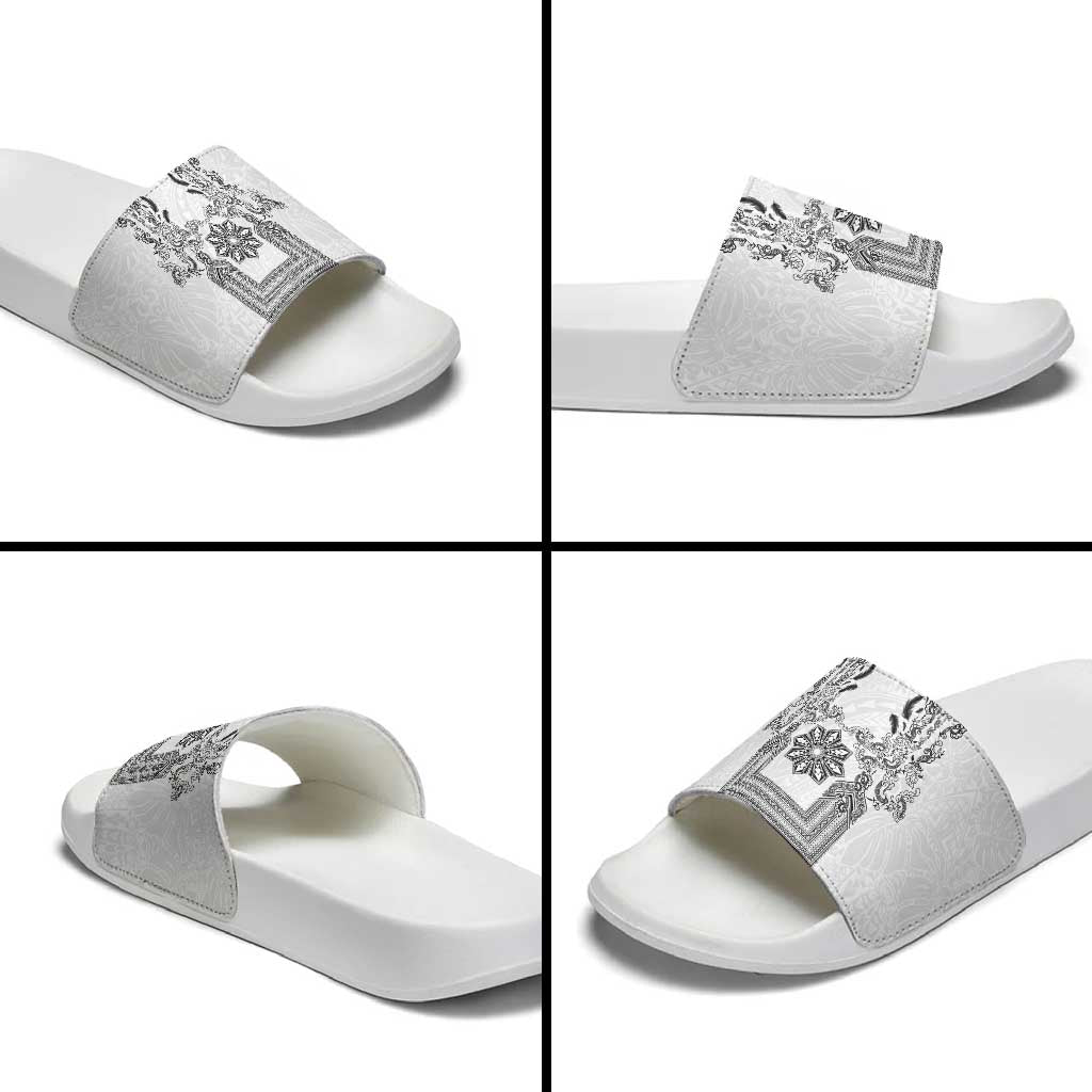Philippines Barong Style Slide Sandals with Polynesian Art and Leaf Motif Black-White Color LT03 - Polynesian Pride