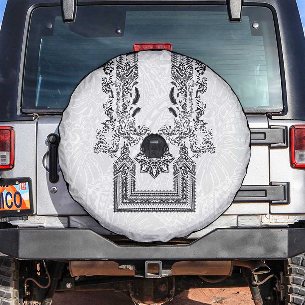 Philippines Barong Style Spare Tire Cover with Polynesian Art and Leaf Motif Black-White Color LT03 White - Polynesian Pride