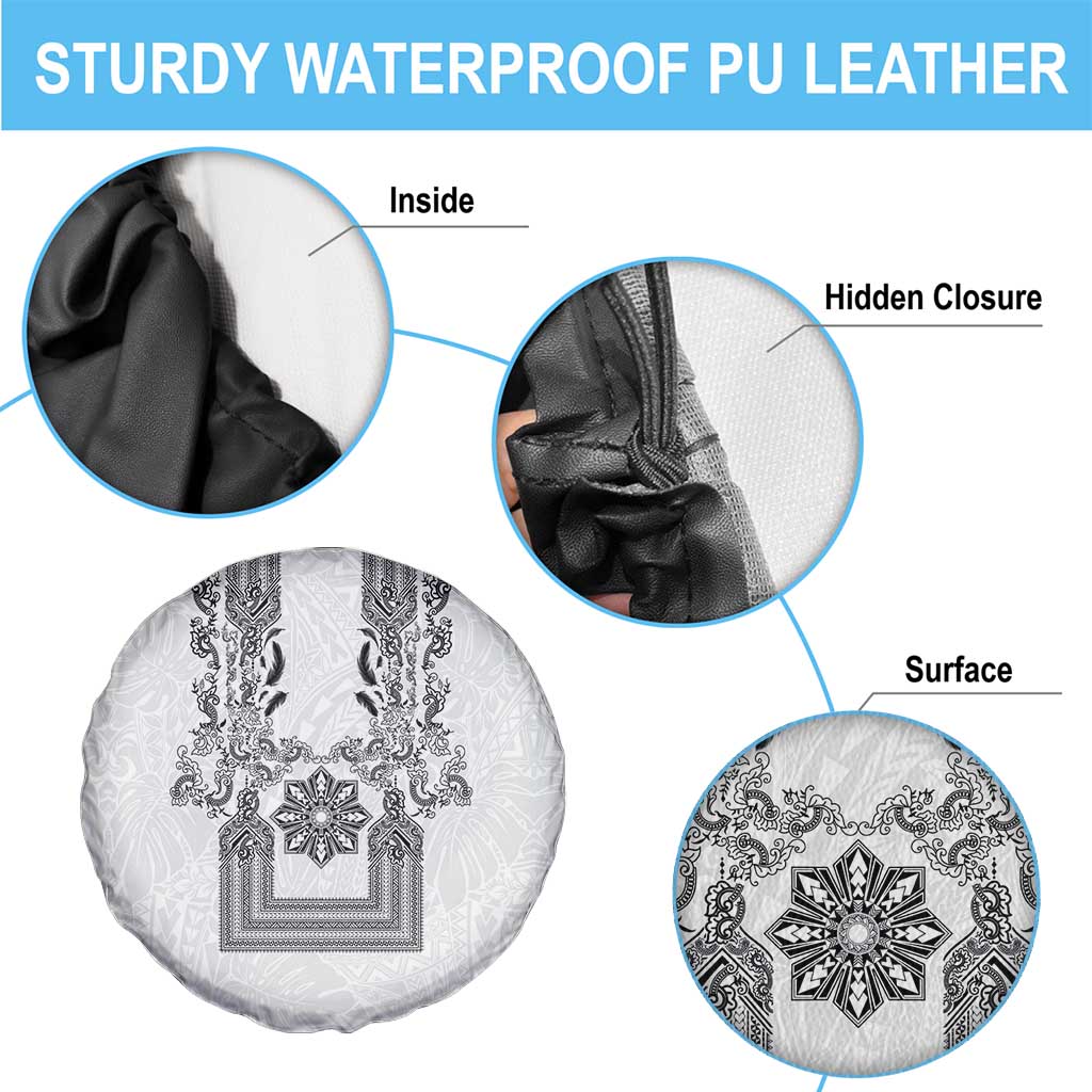 Philippines Barong Style Spare Tire Cover with Polynesian Art and Leaf Motif Black-White Color LT03 - Polynesian Pride