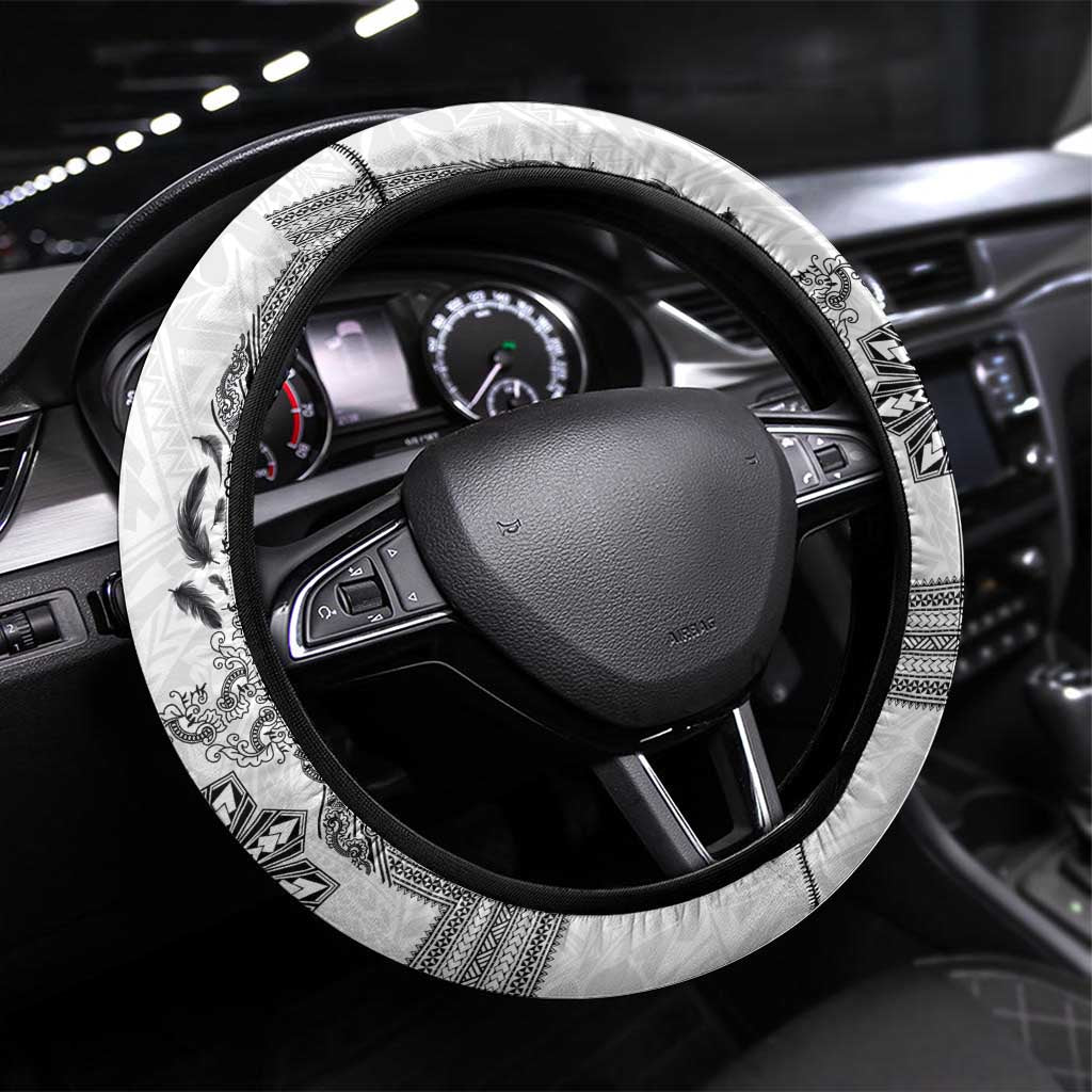 Philippines Barong Style Steering Wheel Cover with Polynesian Art and Leaf Motif Black-White Color LT03 Universal Fit White - Polynesian Pride