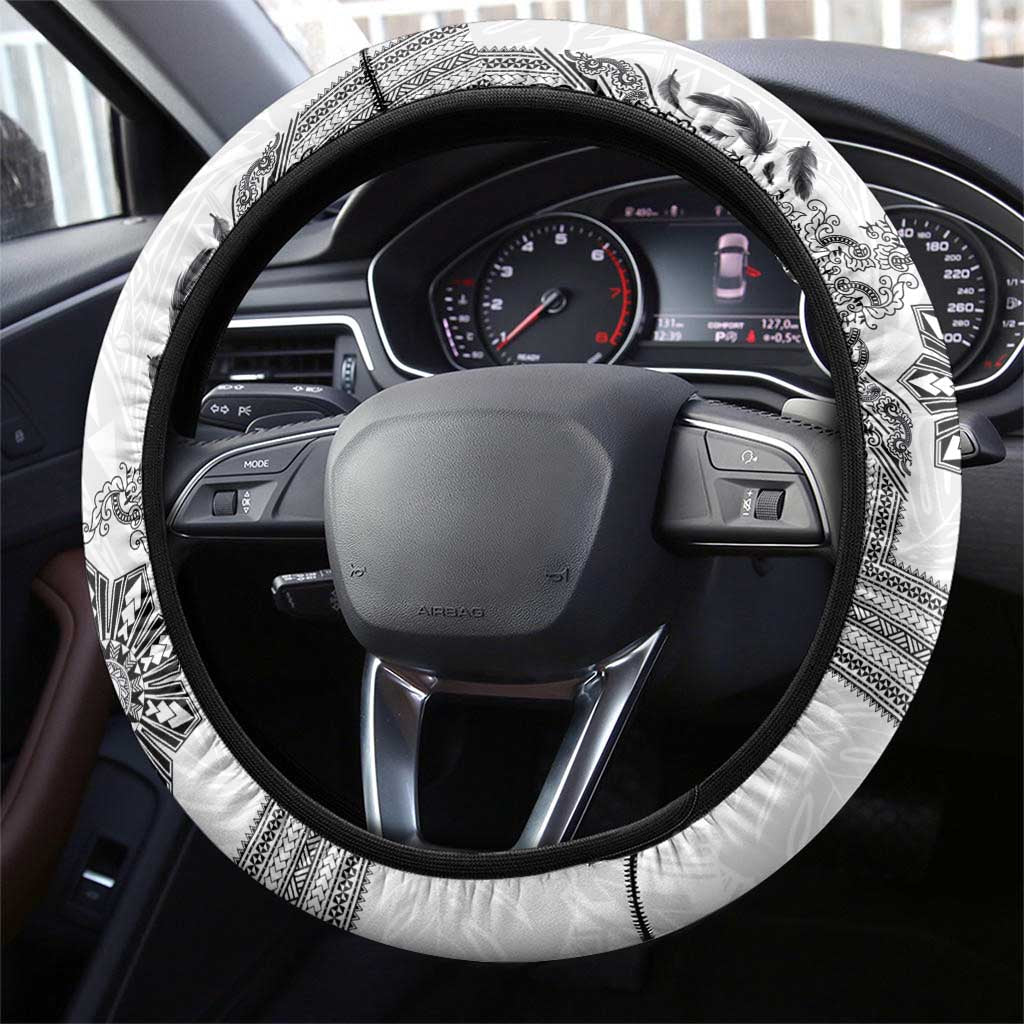 Philippines Barong Style Steering Wheel Cover with Polynesian Art and Leaf Motif Black-White Color LT03 - Polynesian Pride