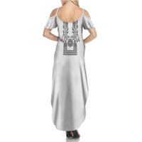 Philippines Barong Style Summer Maxi Dress with Polynesian Art and Leaf Motif Black-White Color LT03 - Polynesian Pride