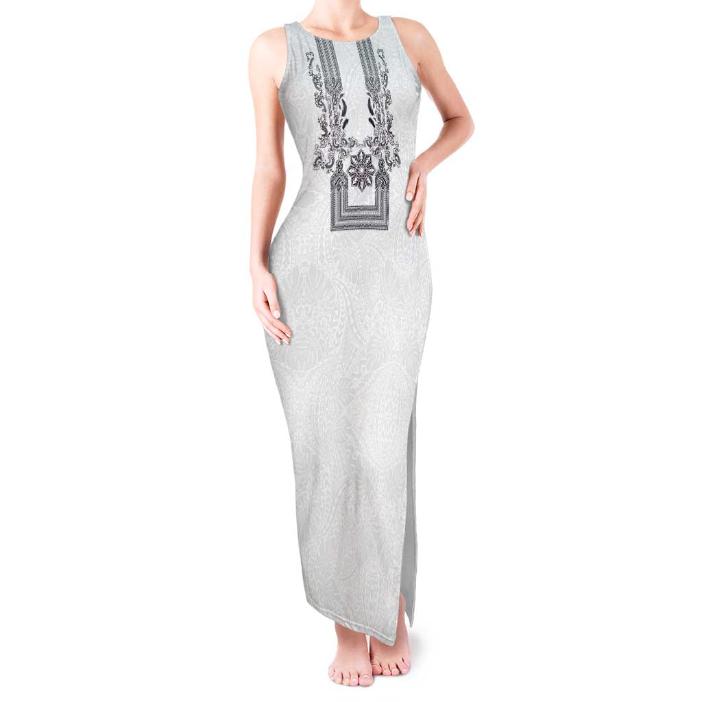 Philippines Barong Style Tank Maxi Dress with Polynesian Art and Leaf Motif Black-White Color LT03 Women White - Polynesian Pride