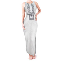 Philippines Barong Style Tank Maxi Dress with Polynesian Art and Leaf Motif Black-White Color LT03 Women White - Polynesian Pride
