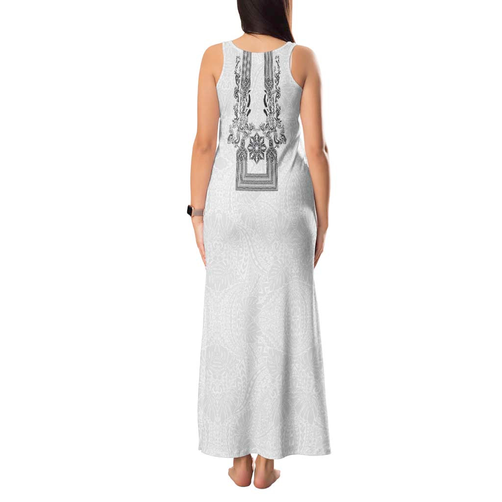 Philippines Barong Style Tank Maxi Dress with Polynesian Art and Leaf Motif Black-White Color LT03 - Polynesian Pride