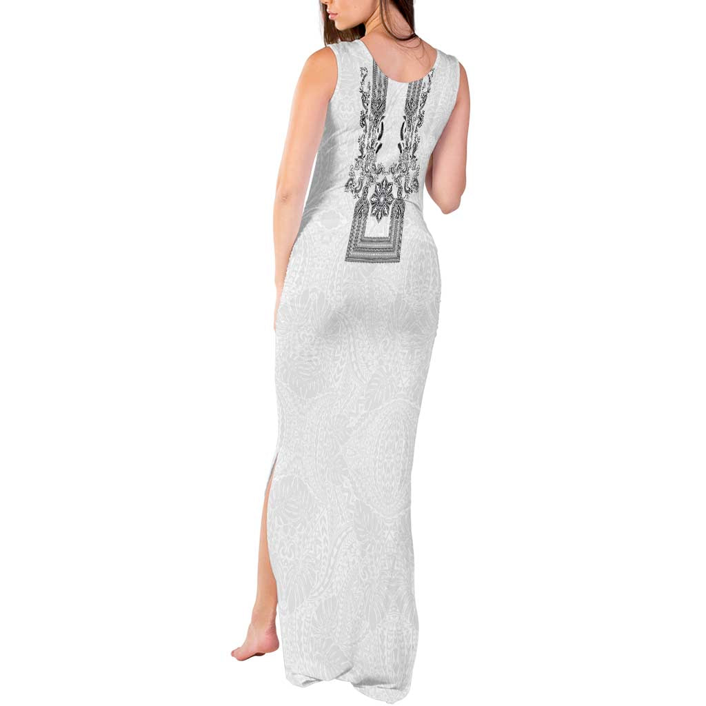 Philippines Barong Style Tank Maxi Dress with Polynesian Art and Leaf Motif Black-White Color LT03 - Polynesian Pride