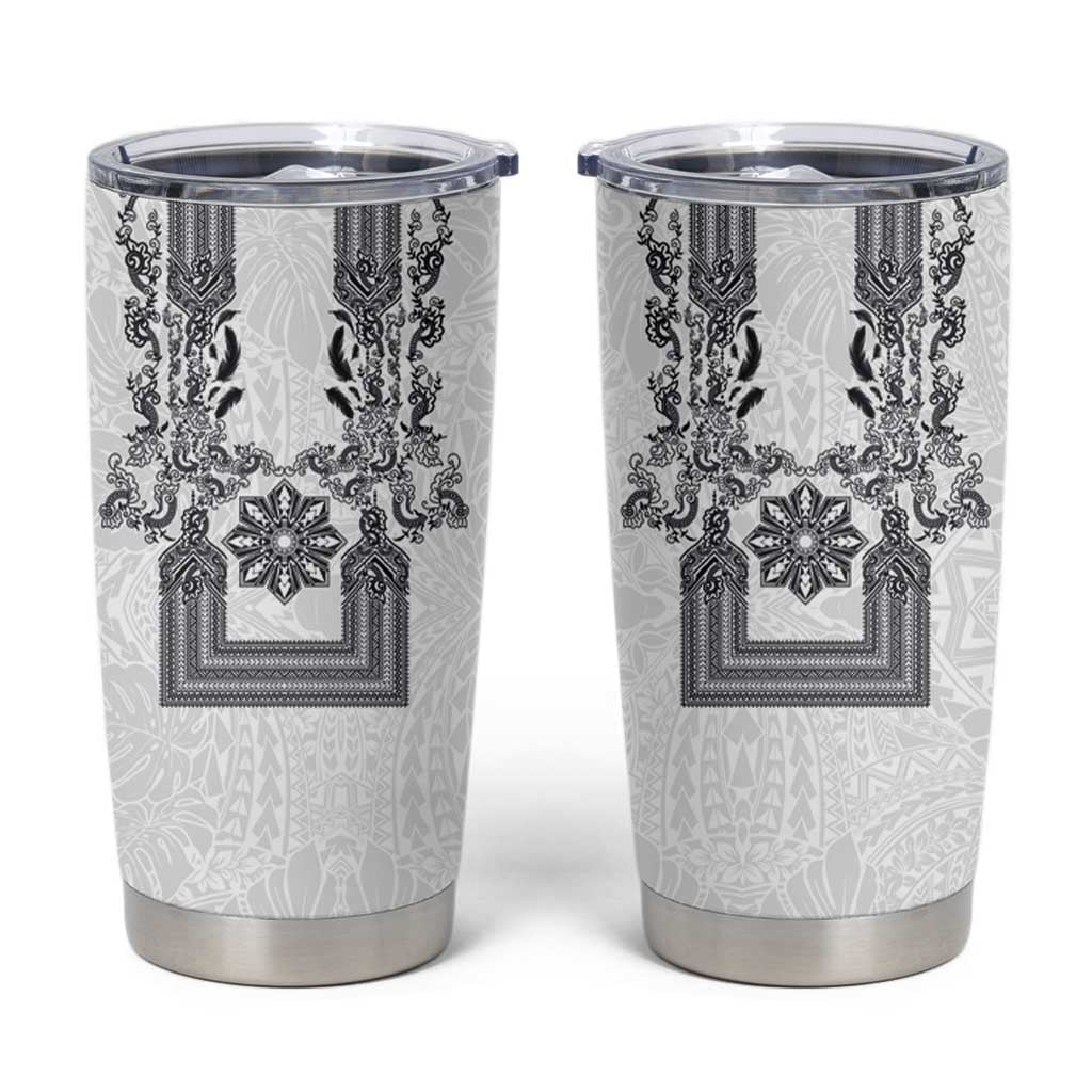 Philippines Barong Style Tumbler Cup with Polynesian Art and Leaf Motif Black-White Color LT03 White - Polynesian Pride