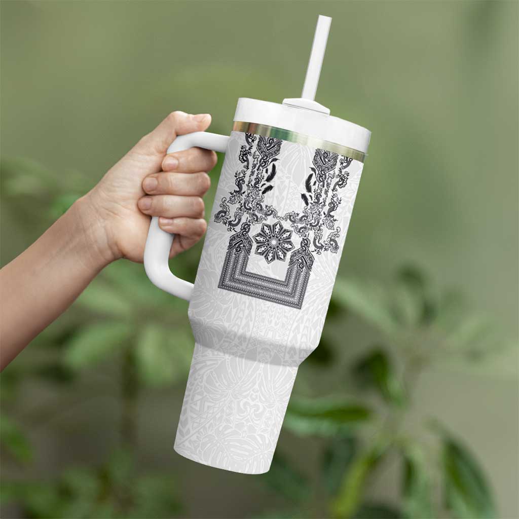 Philippines Barong Style Tumbler With Handle with Polynesian Art and Leaf Motif Black-White Color LT03 - Polynesian Pride